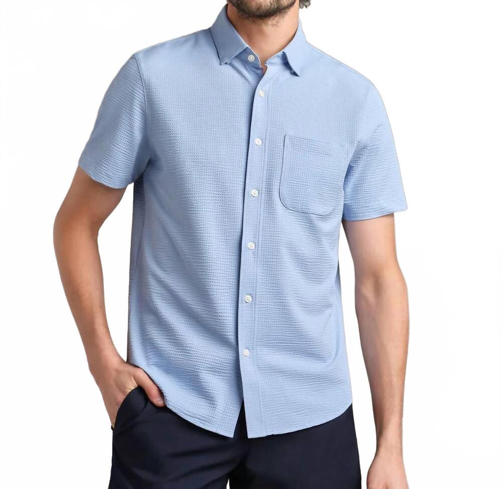 NEW RHONE commuter seersucker short sleeve button down shirt in light blue